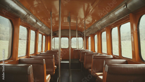Interior of an Empty Tram with Leather Seats and Wooden Frame. Return to the Past. Concept of transport vehicles. AI Generated