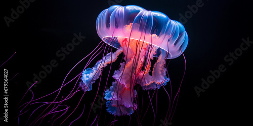 Neon jellyfish, translucent bodies, radiating with bio-luminescence, floating in an abyss, minimalistic style, high contrast