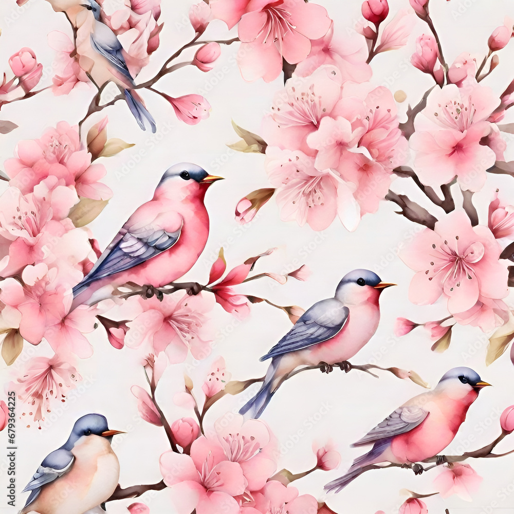 Watercolor cherry blossom pattern, generative ai