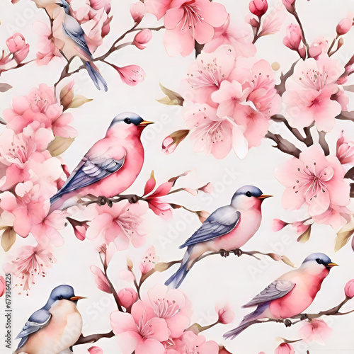 Watercolor cherry blossom pattern, generative ai