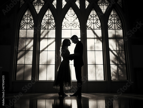 Soft Monochrome Elegance: Black and white, couple exchanging vows, small gathering, minimalist chapel, light streaming through stained glass windows, focus on emotions
