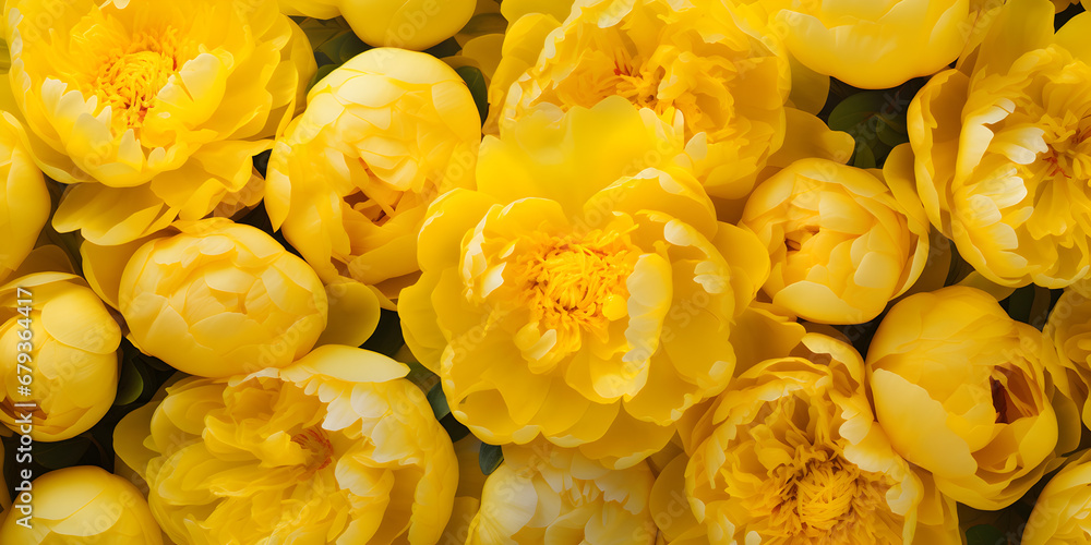 Top view floral background with yellow peonies Top view floral background with yellow peonies