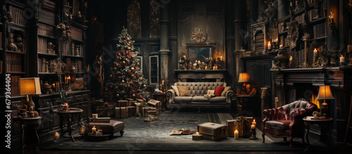 Christmas and New years eve Background. Feast of the Nativity. Beautifully decorated old house with a tree and presents at Christmas