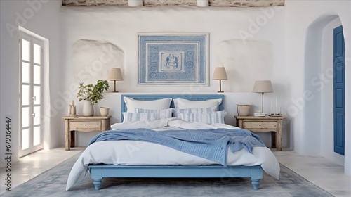 minimalist bedroom with white and blue decor and concealed storage in classic Greek furniture