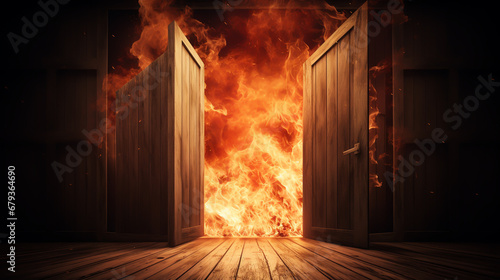 Corridor of a residential building in a flame of fire