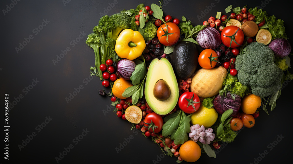 heart shape by various vegetables and fruits on black stone background heart shape by various vegetables and fruits on black stone background