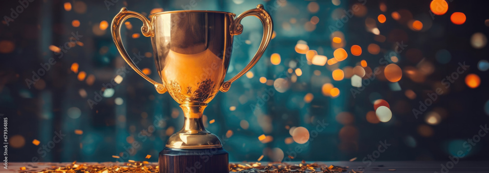 1st champion award, the best prize and winner concept, championship cup or winner trophy on wood table on dark wall and white smoke confetti background,generative ai. 1st champion award, the best prize and winner concept, championship cup or winner trophy on wood table on dark wall and white smoke confetti background,generative ai.