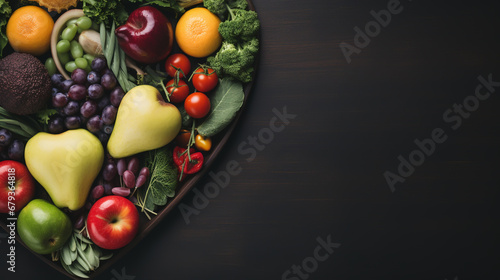 heart shape by various vegetables and fruits on black stone background photo