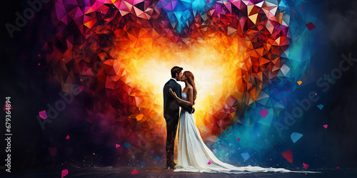 Geometric Love: Abstract geometric shapes forming a heart, vibrant hues, encapsulating the bride and groom, artistic polygonal background