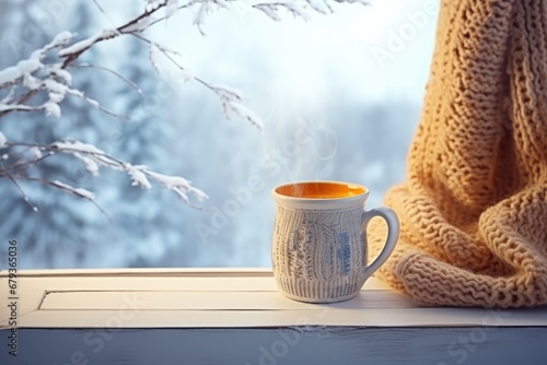 mug of hot tea and warm woolen knitting on windowsill, Warm and cozy winter scene, Hot drink with plaid on windowsill