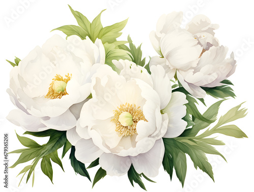 Watercolor illustration of white peonies  white background