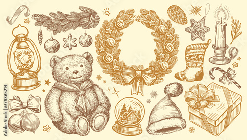 Happy holidays concept. Hand drawn illustration for Christmas or New Year decoration. Vintage vector