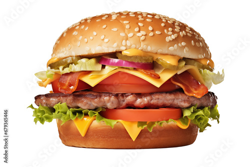 Hamburger with cheese, tomato, lettuce and bacon, isolated on transparent background. AI generative.