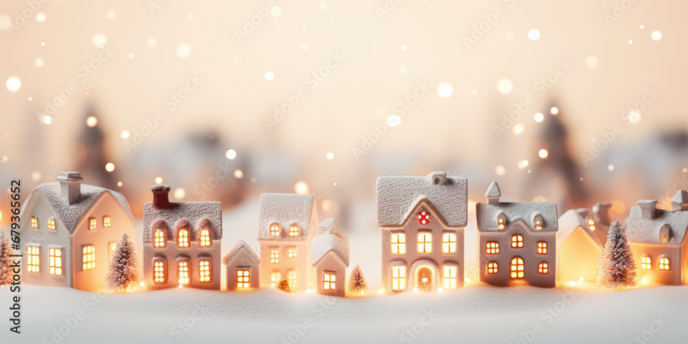 Ceramic houses cozy miniature village decoration Christmas, New Year modern copy space background.