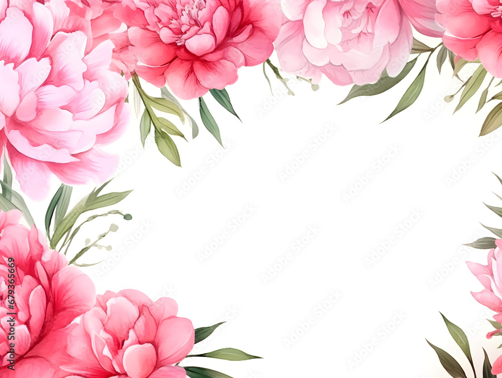 Watercolor frame background with pink peonies, white copy space for text