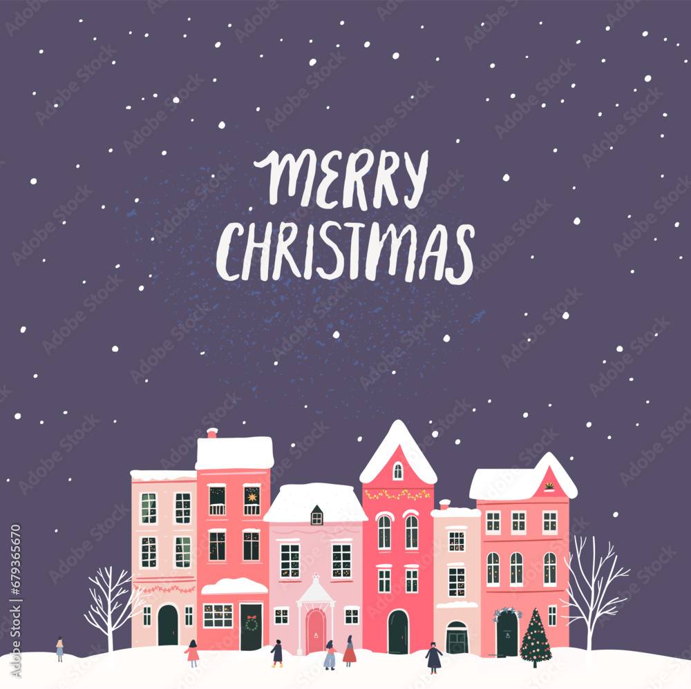 Naklejka premium Winter town, Merry Christmas greeting card design. Snow at the evening, cute small houses, walking people
