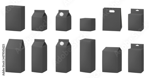Black boxes for dairy products. Blank cardboard package boxes mockup. Box set. Set of juice or milk cardboard package. Vector mockup set. Realistic carton package with cap. Hanging hole. Shopping bag