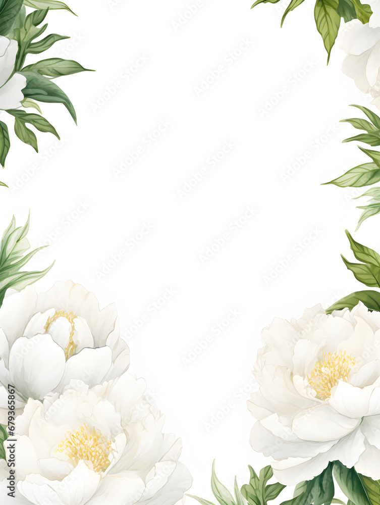 Watercolor frame background with white peonies, white copy space for text Watercolor frame background with white peonies, white copy space for text