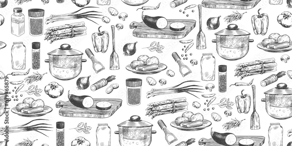 Seamless pattern with ingredients for soup. Sketch style boiling pot, vegetables, asparagus, mushrooms, peas, eggplant, onions, spices, paprika. Сutting board, vegetable peeler, spatula. Cookware - obrazy, fototapety, plakaty 