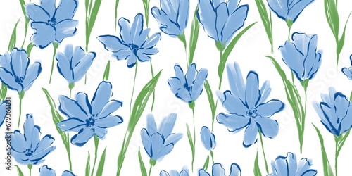 Seamless pattern with blue flowers. Gentle floral background with hand drawn flowers on white background. Simple stems © Morena