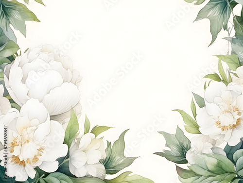 Watercolor frame background with white peonies  white copy space for text