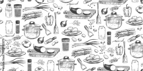 Seamless pattern with ingredients for soup. Sketch style boiling pot, vegetables, asparagus, mushrooms, peas, eggplant, onions, spices, paprika. Сutting board, vegetable peeler, spatula. Cookware
