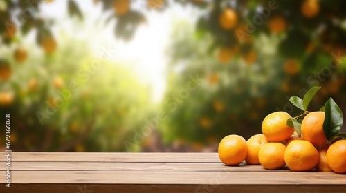 wooden table top with oranges for product display montages with blurred orange trees background