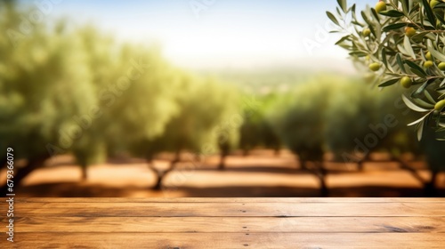 empty wooden table top for product display montages with blurred olive trees background