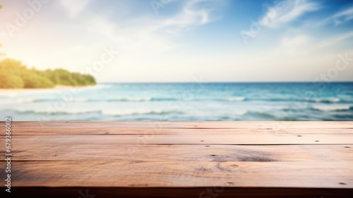 empty wooden table top for product display montages with blurred ocean, sea view background