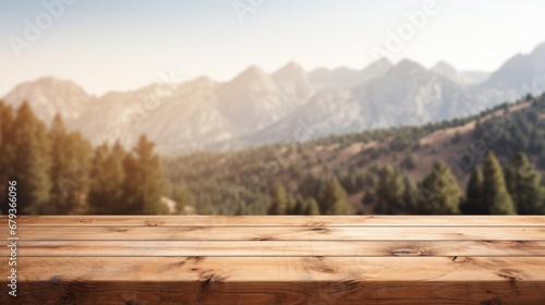 empty wooden table top for product display montages with blurred mountains view background