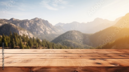 empty wooden table top for product display montages with blurred mountains view background