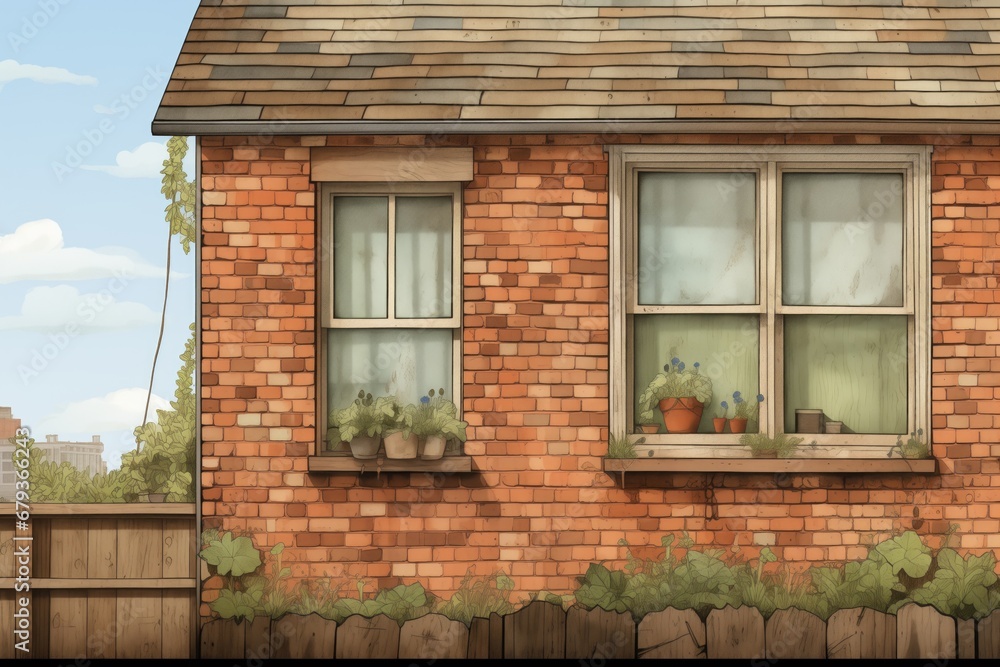 detail shot of brickwork and wooden window frames of a farmhouse, magazine style illustration
