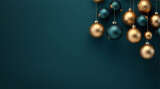 christmas ball with golden balls on dark green background, golden wreath and christmas balls