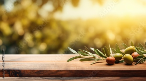 wooden table top with olives for product display montages with blurred olive trees background