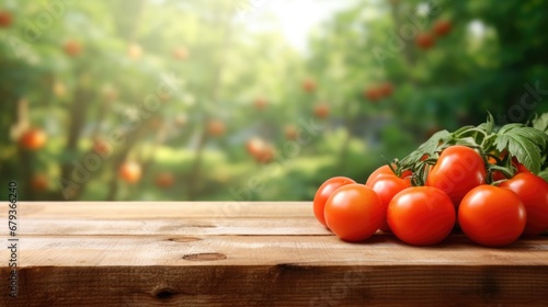 wooden table top with tomatos for product display montages with blurred trees background photo