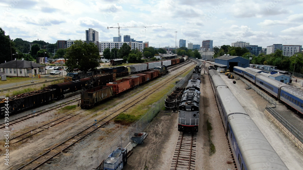 Fototapeta premium Freight Trains in Raleigh, NC - Drone