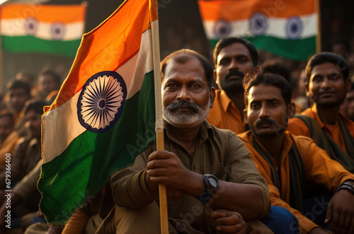 Men celebrate India's Independence Day, wearing traditional clothes and carrying the flags of their country.