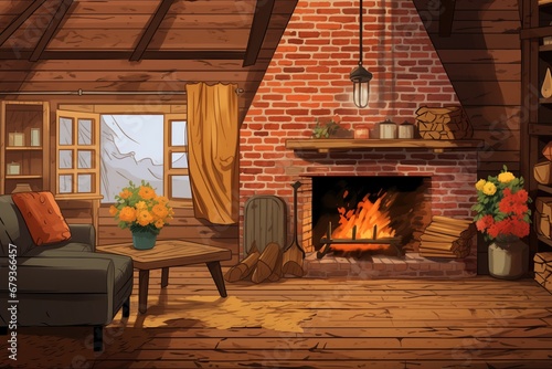 a wooden farmhouse with a rustic brick fireplace, magazine style illustration