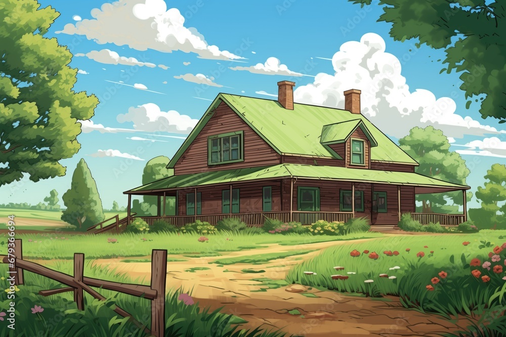 traditional wood and brick farmhouse with green fields surrounding, magazine style illustration