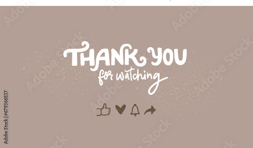 Thank you for watching, playful end screen design with social icons of share, like, follow and subscribe. Cartoon doodle style on kraft paper. Simple vector screen template.
