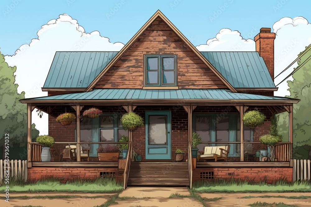an alluring farmhouse with a wooden front porch and brick wall background, magazine style illustration
