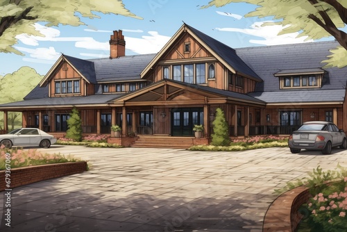 imposing farmhouse with brick driveway and wooden terrace, magazine style illustration