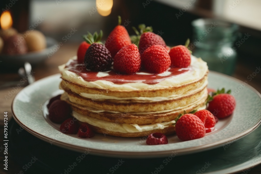 Close-up of a beautiful delicious pancake cake in a white plate with strawberries. Holiday, birthday, congratulations, gift, surprise concept. Close-up of a beautiful delicious pancake cake in a white plate with strawberries. Holiday, birthday, congratulations, gift, surprise concept.
