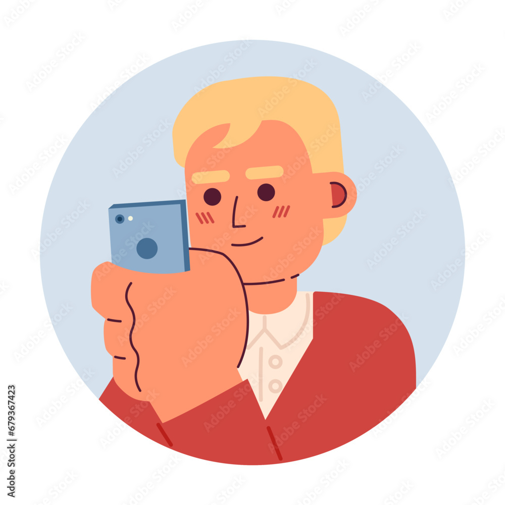 Dyed hair asian adult man looking at phone 2D vector avatar illustration. Holding mobile japanese guy cartoon character face. Social media user flat color user profile image isolated on white