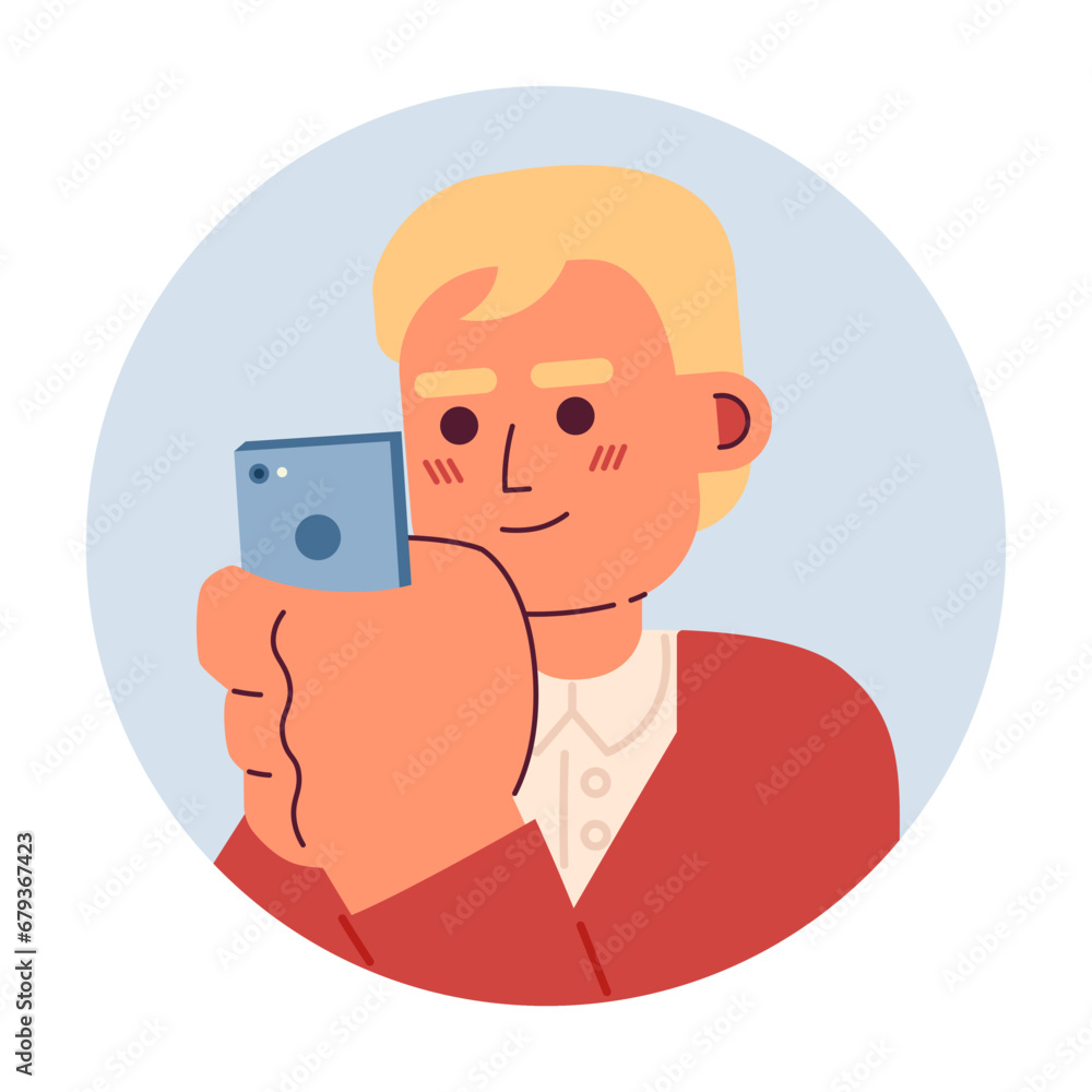 Dyed hair asian adult man looking at phone 2D vector avatar illustration. Holding mobile japanese guy cartoon character face. Social media user flat color user profile image isolated on white Dyed hair asian adult man looking at phone 2D vector avatar illustration. Holding mobile japanese guy cartoon character face. Social media user flat color user profile image isolated on white