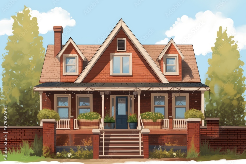 brown brick farmhouse with a narrow, gabled front entry, magazine style illustration brown brick farmhouse with a narrow, gabled front entry, magazine style illustration
