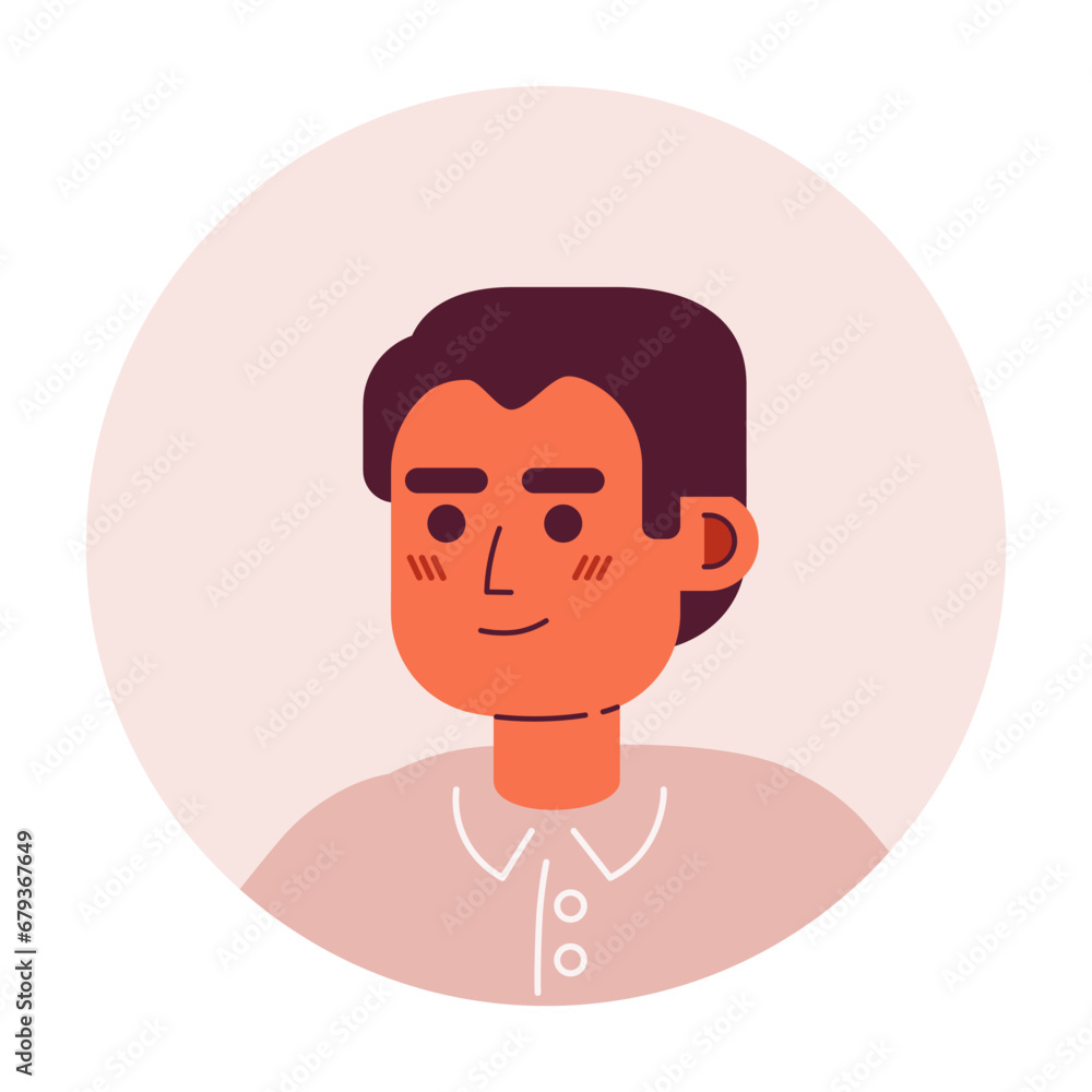 Mexican young man relaxed standing 2D vector avatar illustration. Cheerful guy latinamerican cartoon character face. Positive confident headshot posing flat color user profile image isolated on white