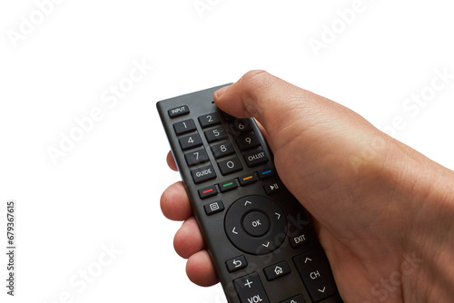 TV remote control in hands isolated,turning on the TV from the remote control, hands holding the remote control on a white background