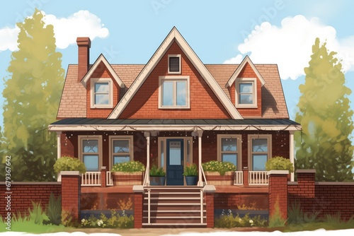 brown brick farmhouse with a narrow, gabled front entry, magazine style illustration © studioworkstock