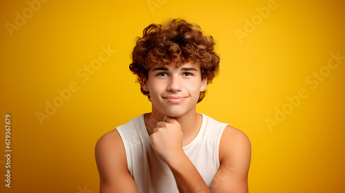Young boy smiling looking at camera. A curly haired young man dressed in a white t-shirt smiles while looking at the camera touching his chin with his hand. Healthy sporty teenage boy.